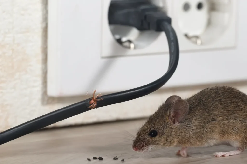 Rato roendo fio de eletricidade, representando os riscos de infestação e a importância da Dedetização de ratos em Osasco.